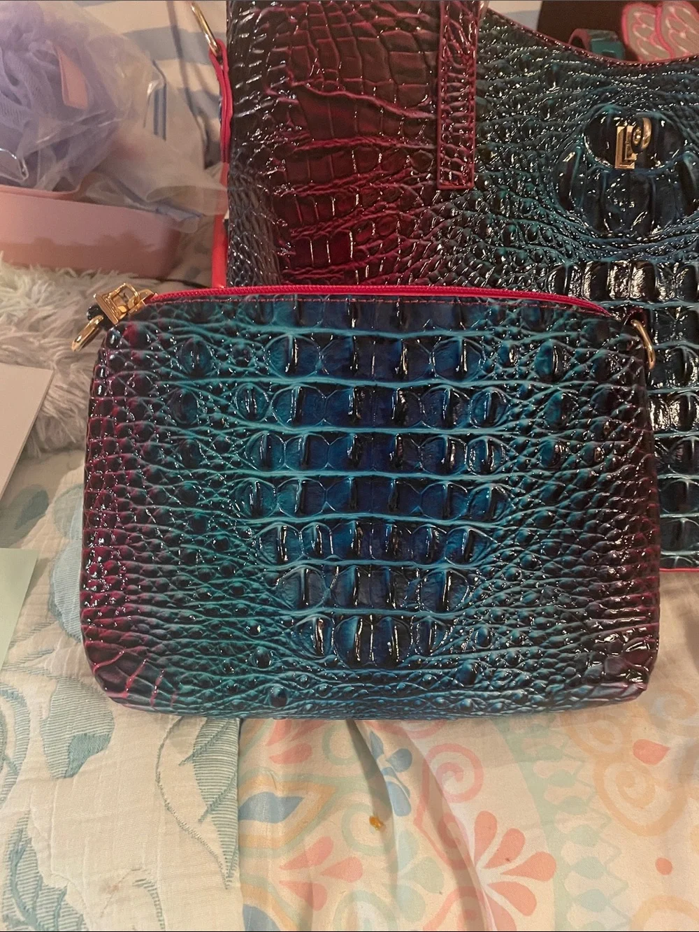 Women’s Ombre Croc-Embossed Tote Bag in Teal and Burgundy